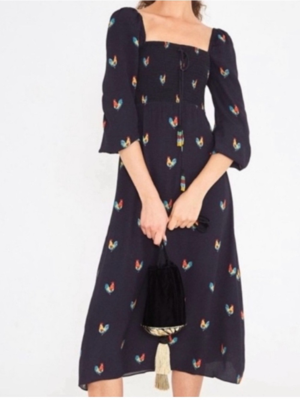 Farm Rio Rooster Print Midi Dress with Square Neck
